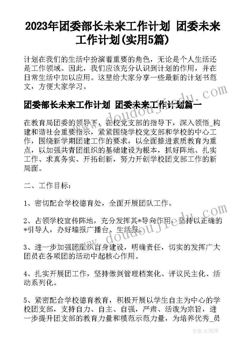 2023年团委部长未来工作计划 团委未来工作计划(实用5篇)