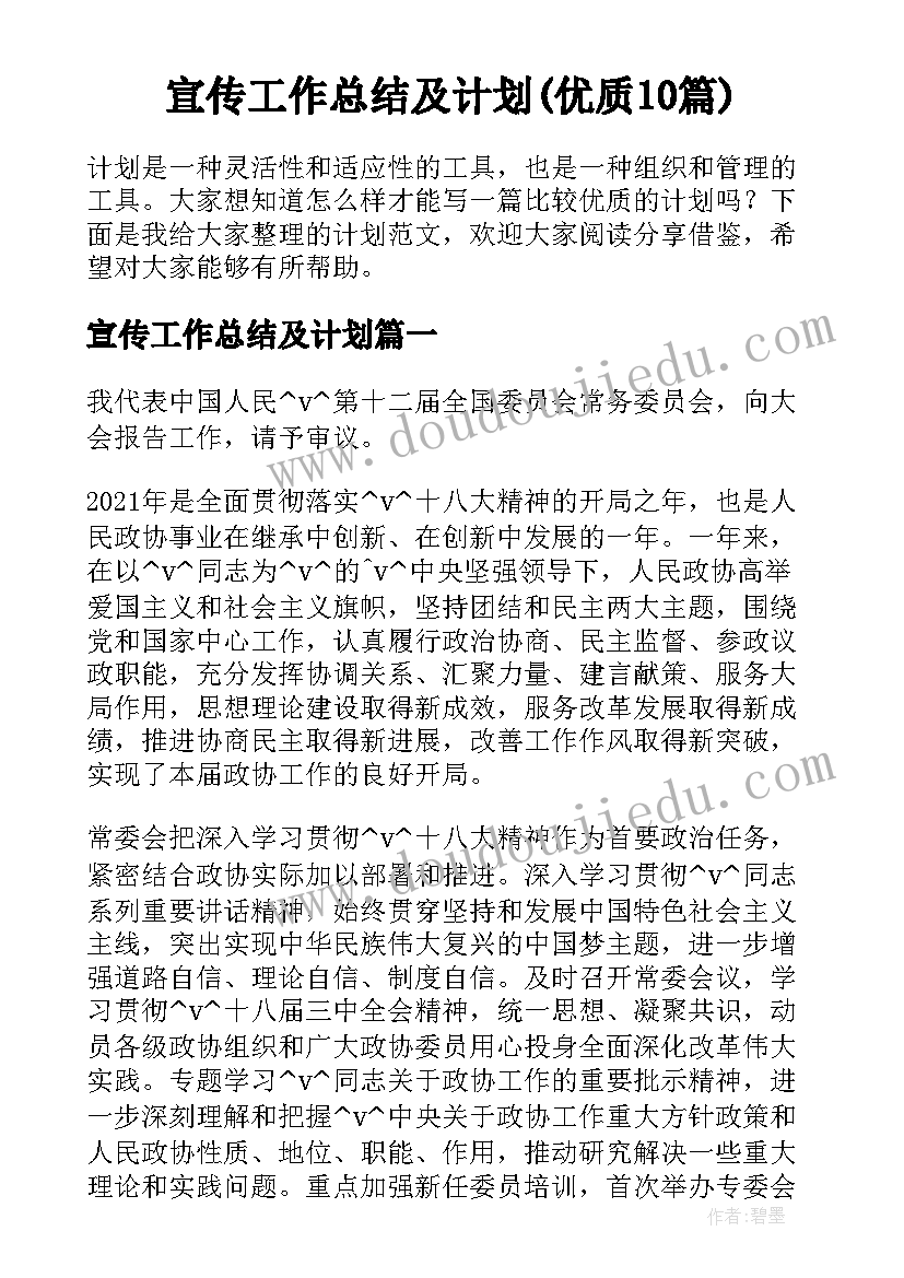 宣传工作总结及计划(优质10篇)