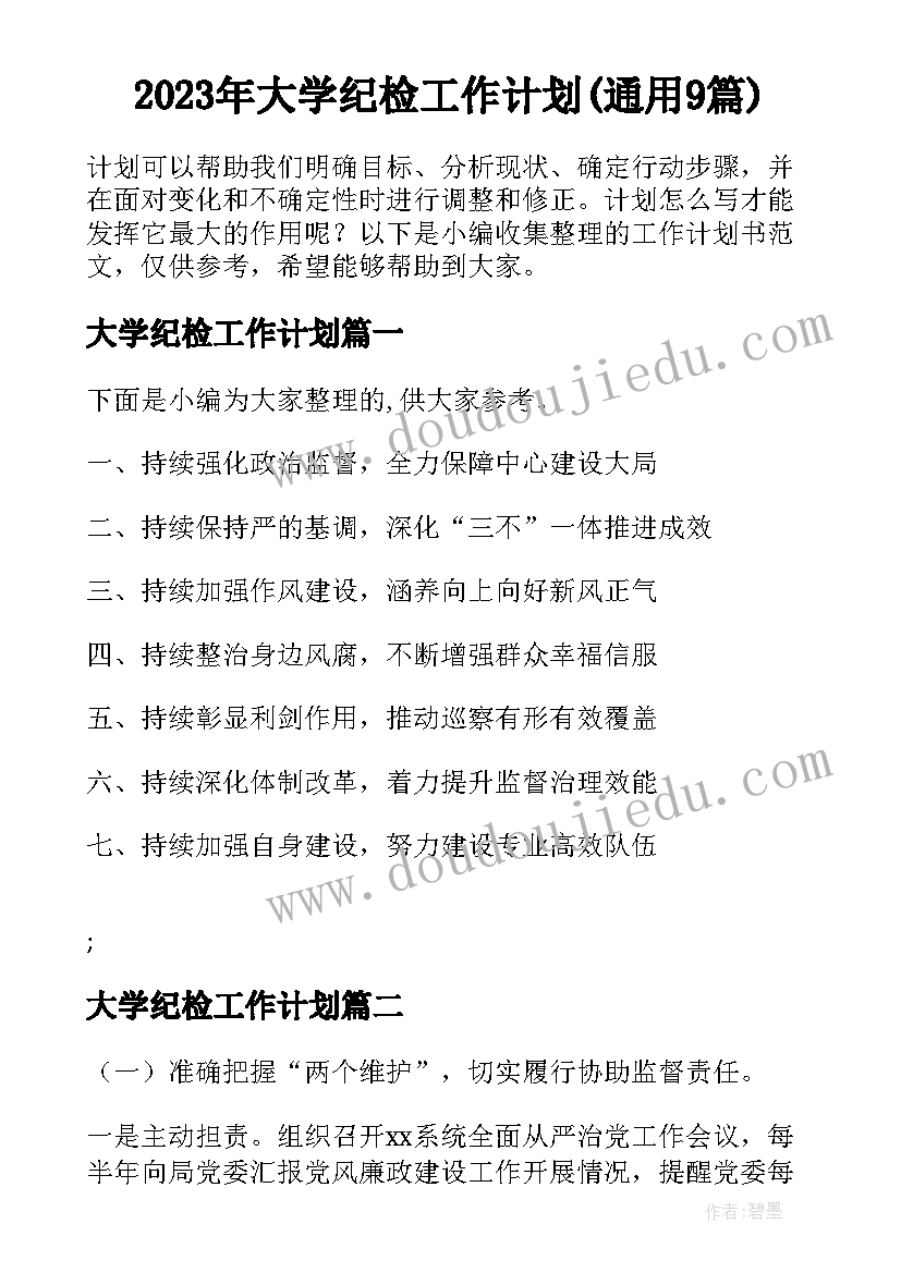 2023年大学纪检工作计划(通用9篇)