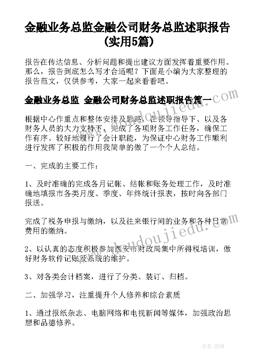 金融业务总监 金融公司财务总监述职报告(实用5篇)