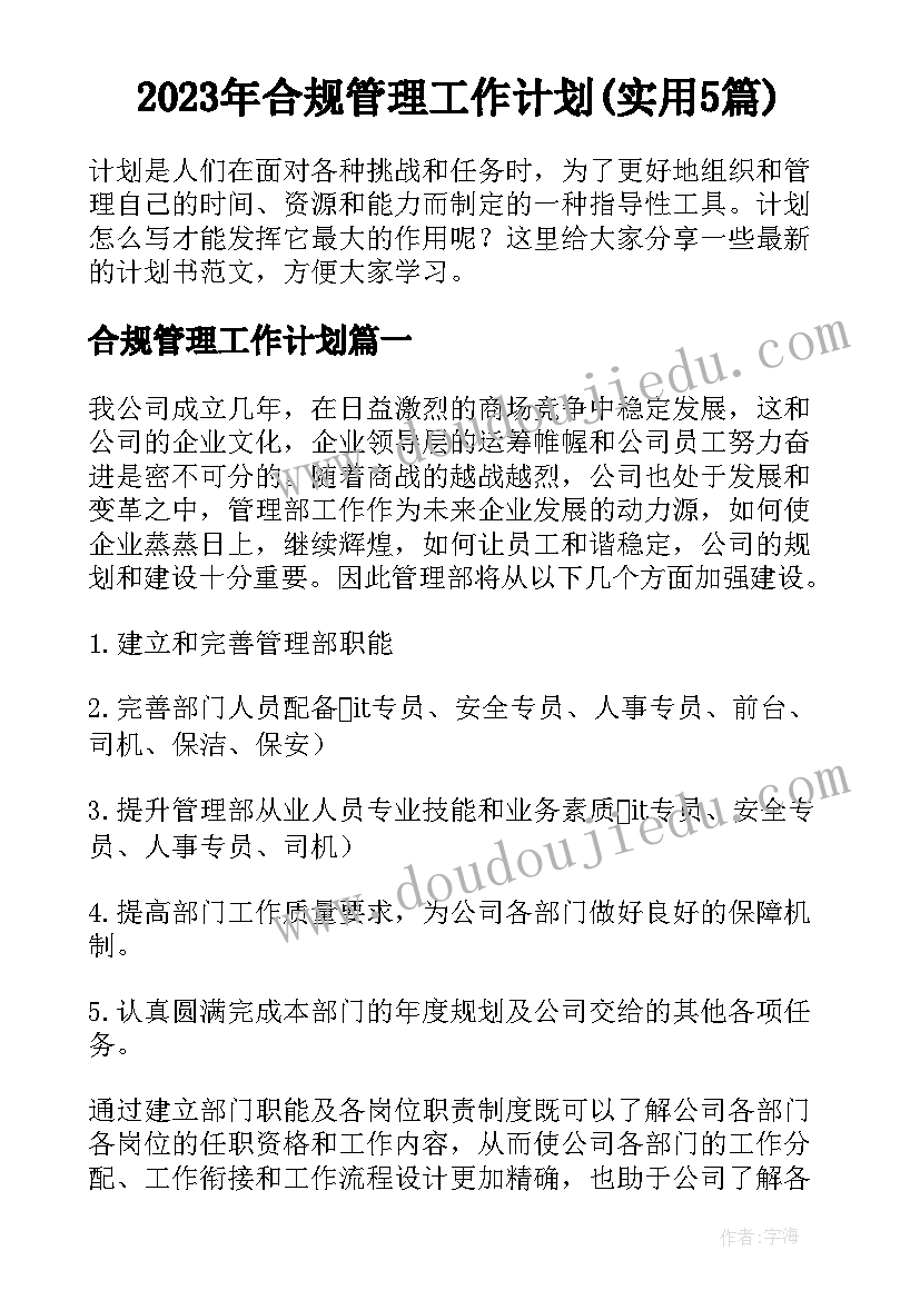 2023年合规管理工作计划(实用5篇)