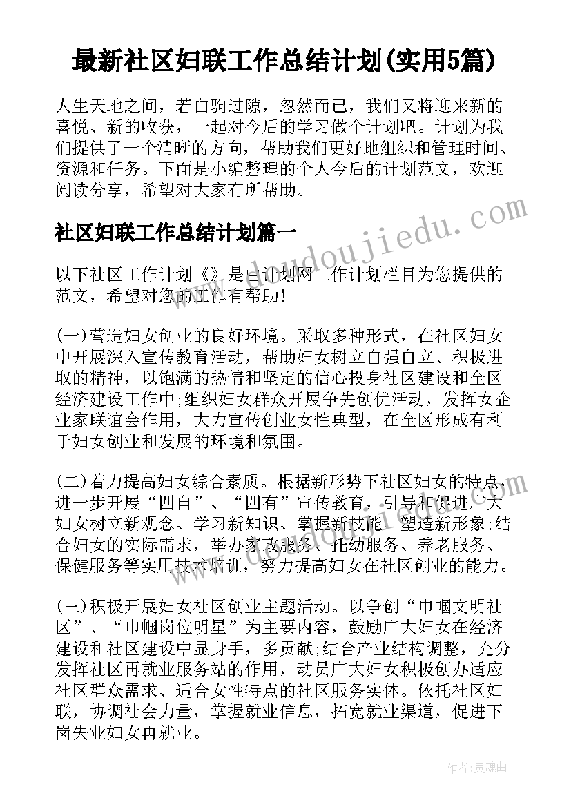 最新社区妇联工作总结计划(实用5篇)