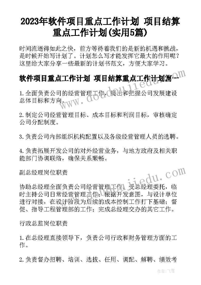 2023年软件项目重点工作计划 项目结算重点工作计划(实用5篇)