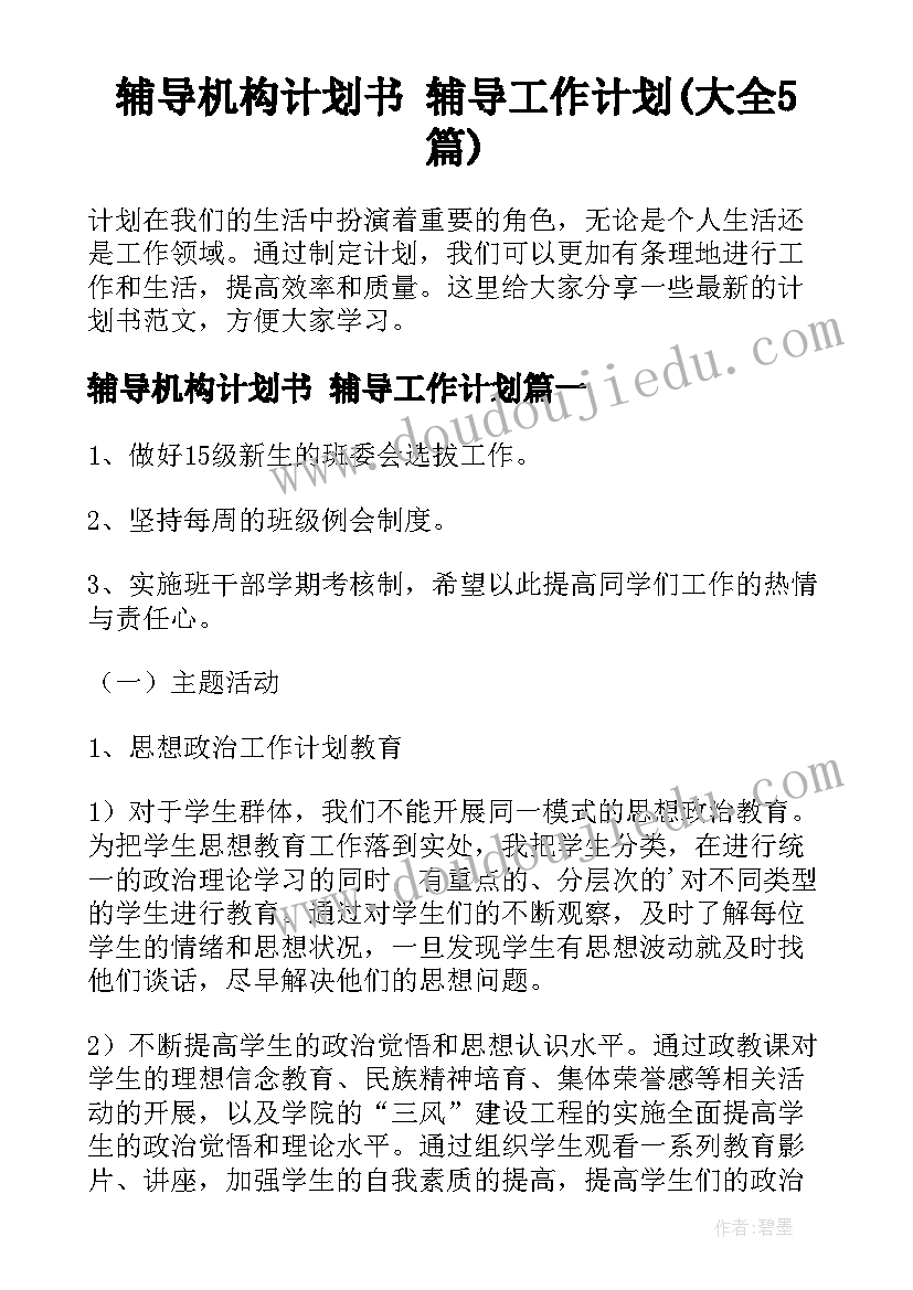 辅导机构计划书 辅导工作计划(大全5篇)