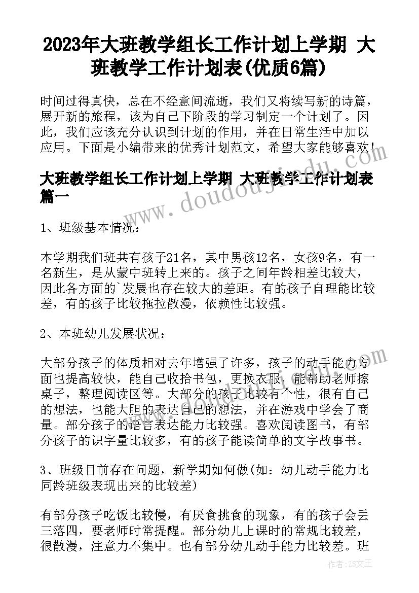 2023年大班教学组长工作计划上学期 大班教学工作计划表(优质6篇)