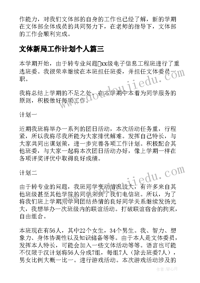 最新文体新局工作计划个人(实用5篇)