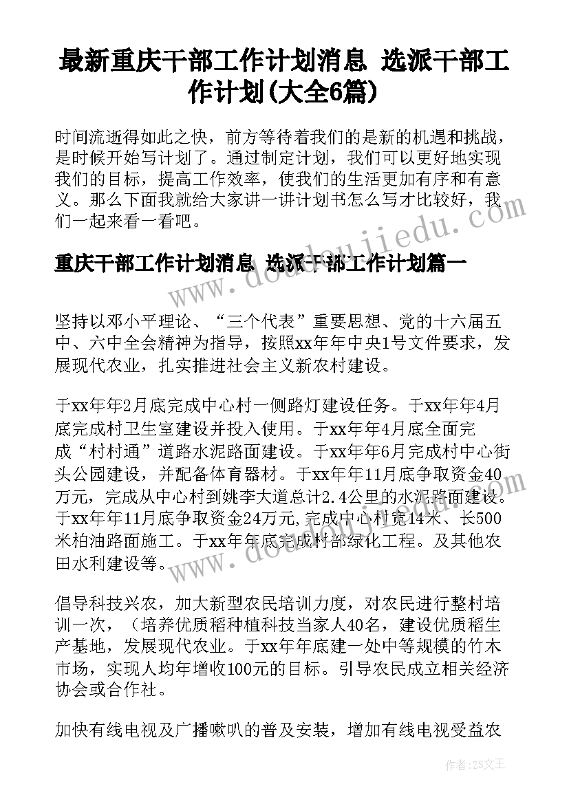 最新重庆干部工作计划消息 选派干部工作计划(大全6篇)