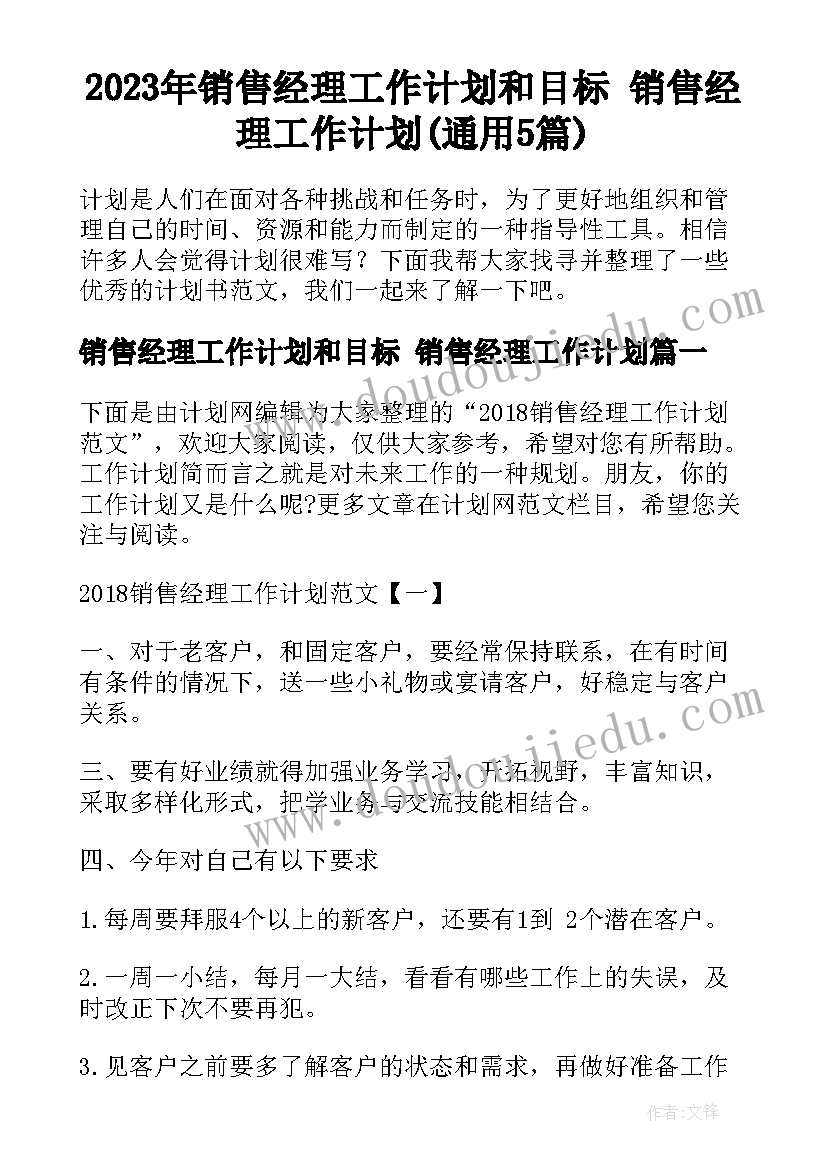 2023年销售经理工作计划和目标 销售经理工作计划(通用5篇)