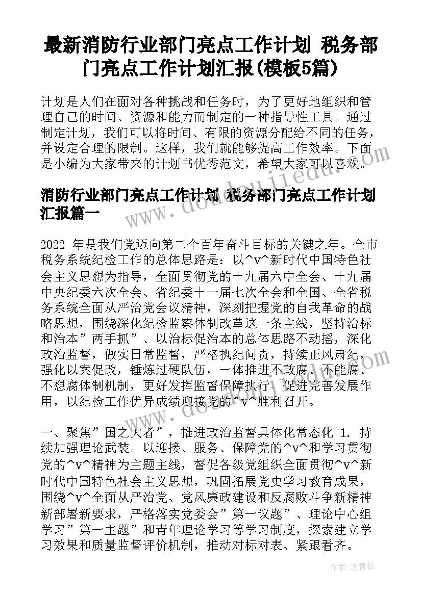 最新消防行业部门亮点工作计划 税务部门亮点工作计划汇报(模板5篇)