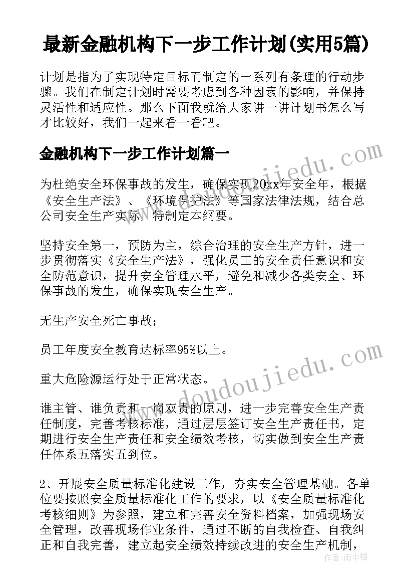 最新金融机构下一步工作计划(实用5篇)