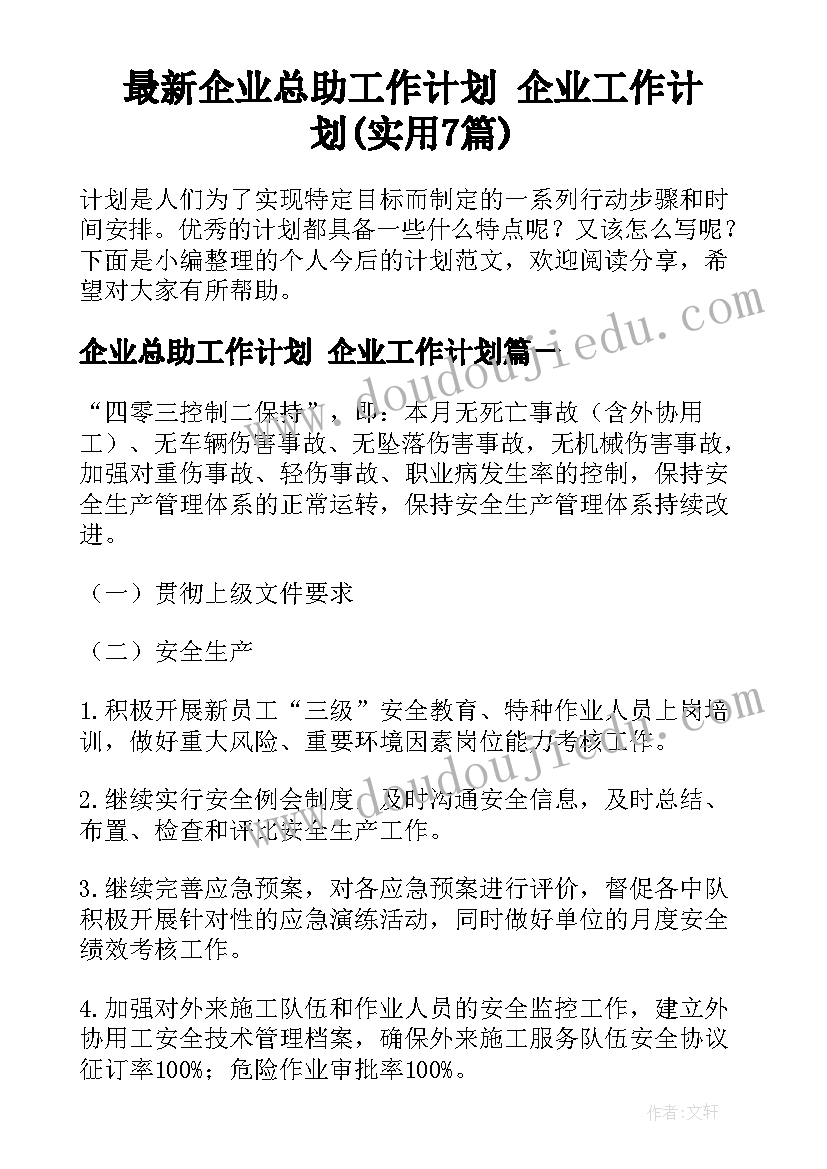 最新企业总助工作计划 企业工作计划(实用7篇)