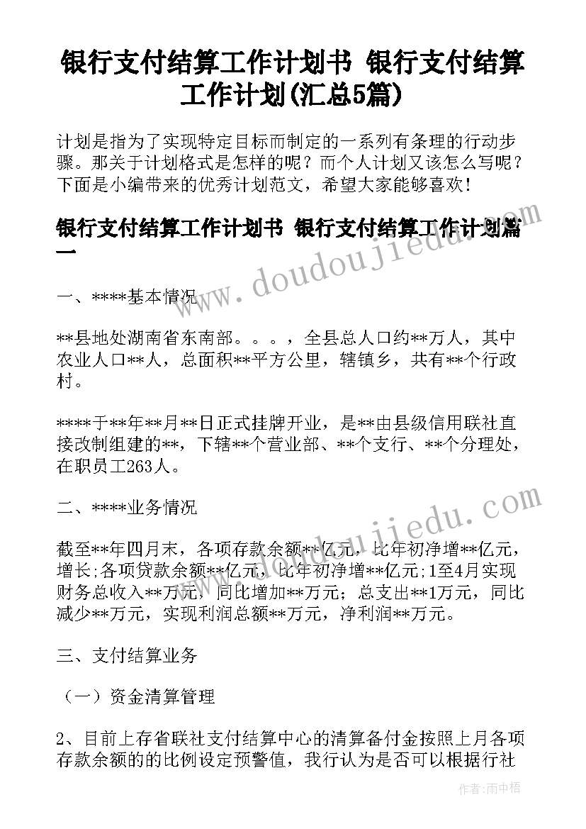 银行支付结算工作计划书 银行支付结算工作计划(汇总5篇)