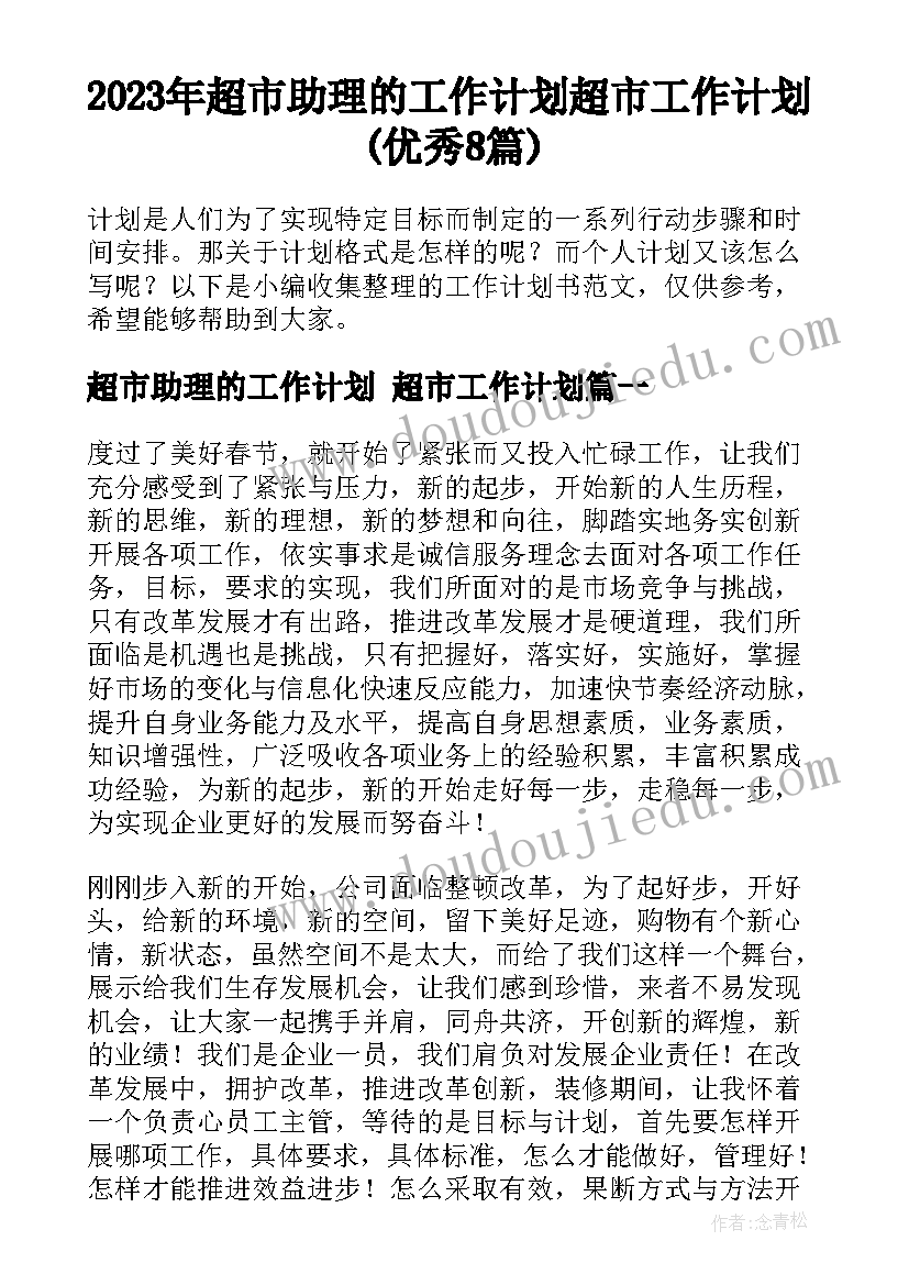 2023年超市助理的工作计划 超市工作计划(优秀8篇)