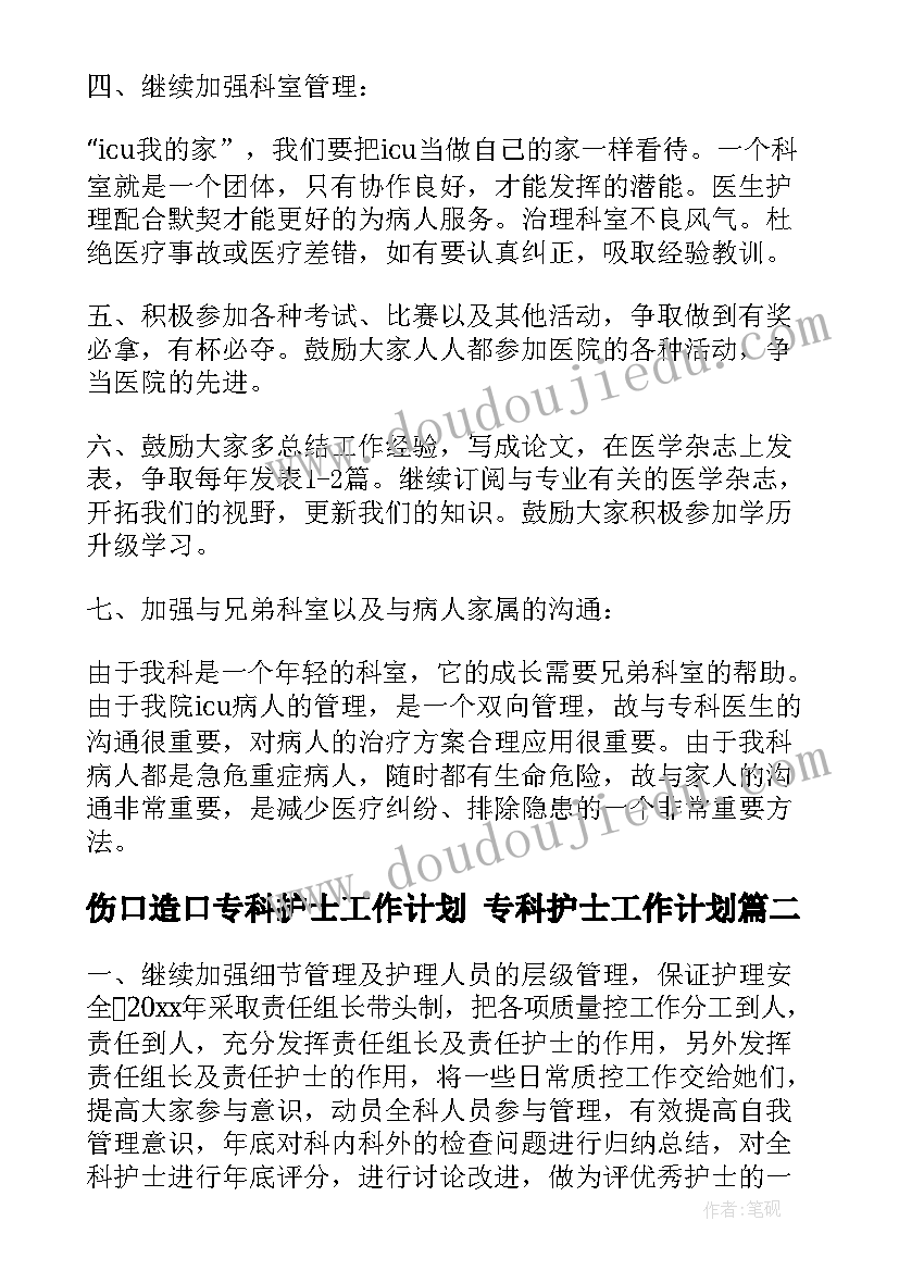 伤口造口专科护士工作计划 专科护士工作计划(大全5篇)