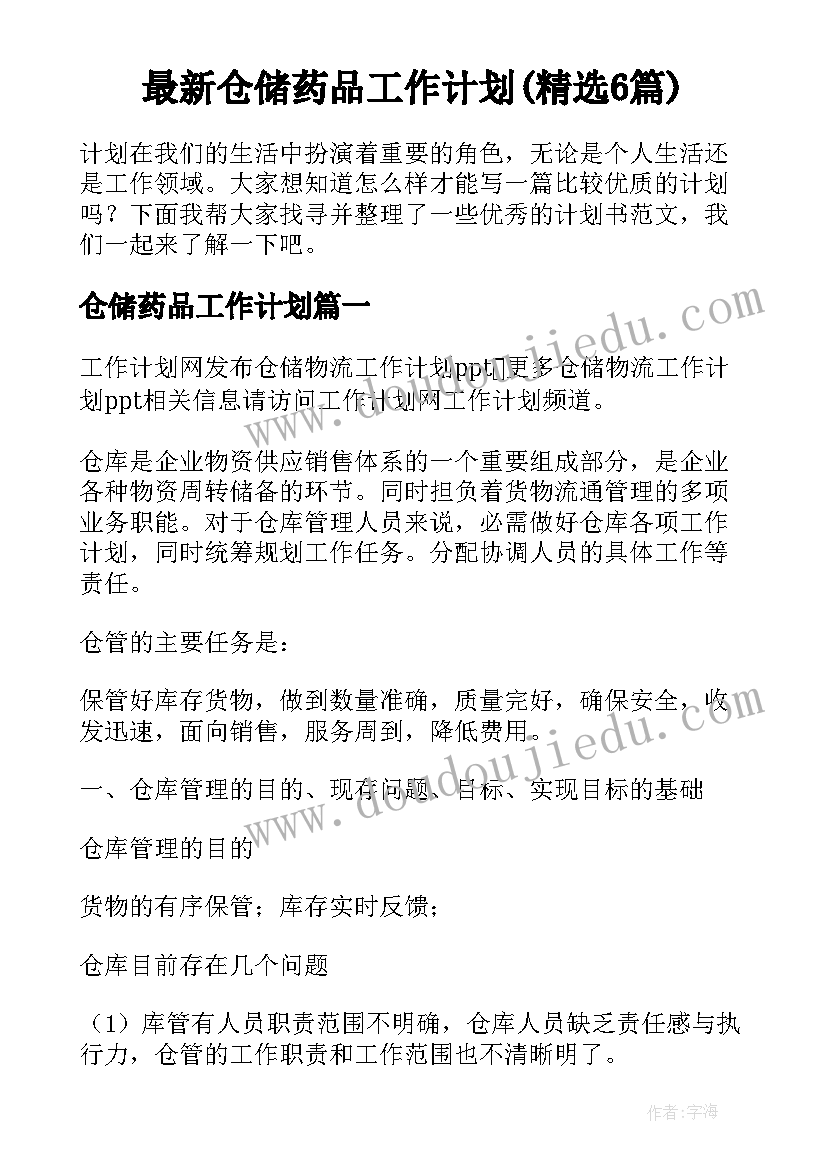 最新仓储药品工作计划(精选6篇)