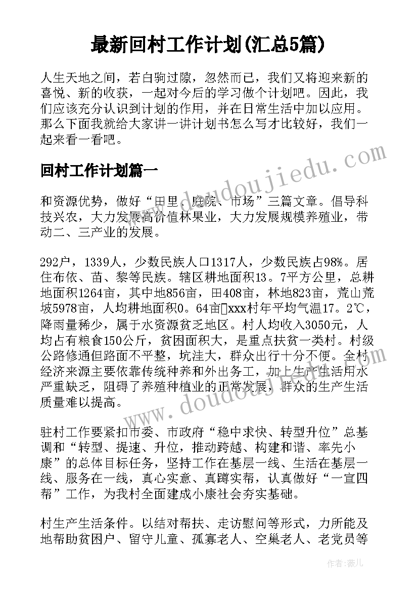 最新回村工作计划(汇总5篇)