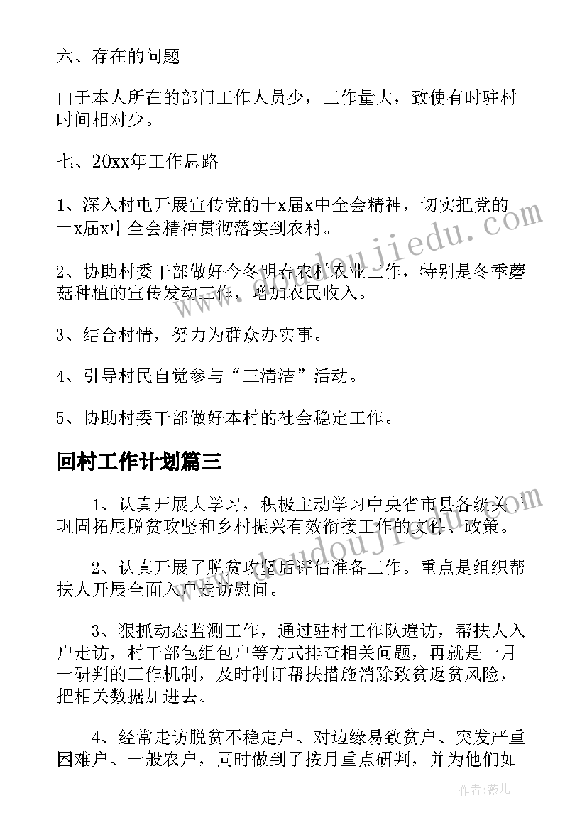 最新回村工作计划(汇总5篇)