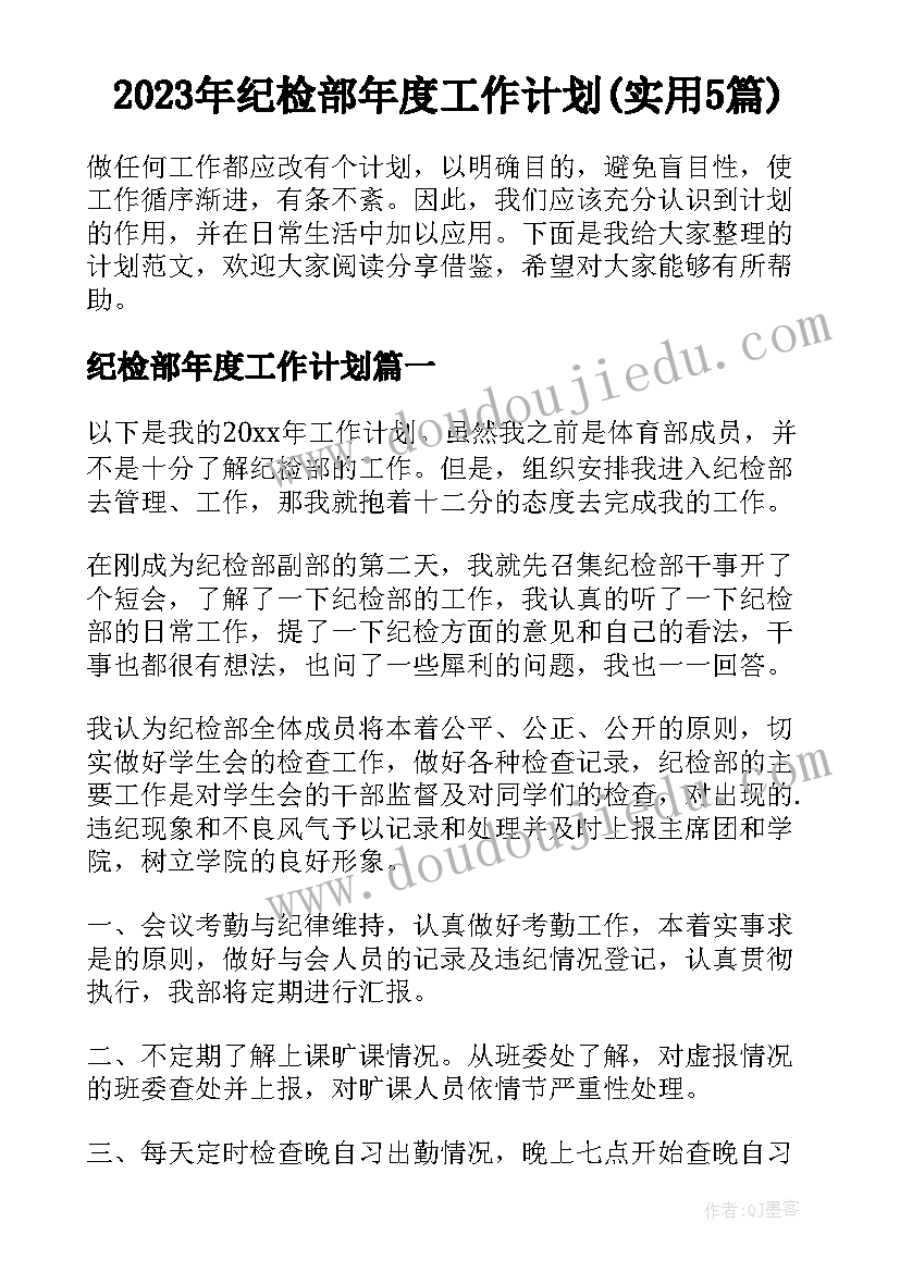 2023年纪检部年度工作计划(实用5篇)