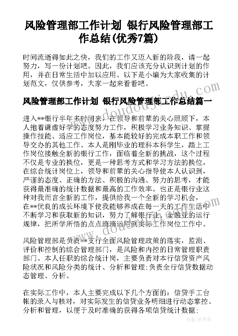 风险管理部工作计划 银行风险管理部工作总结(优秀7篇)