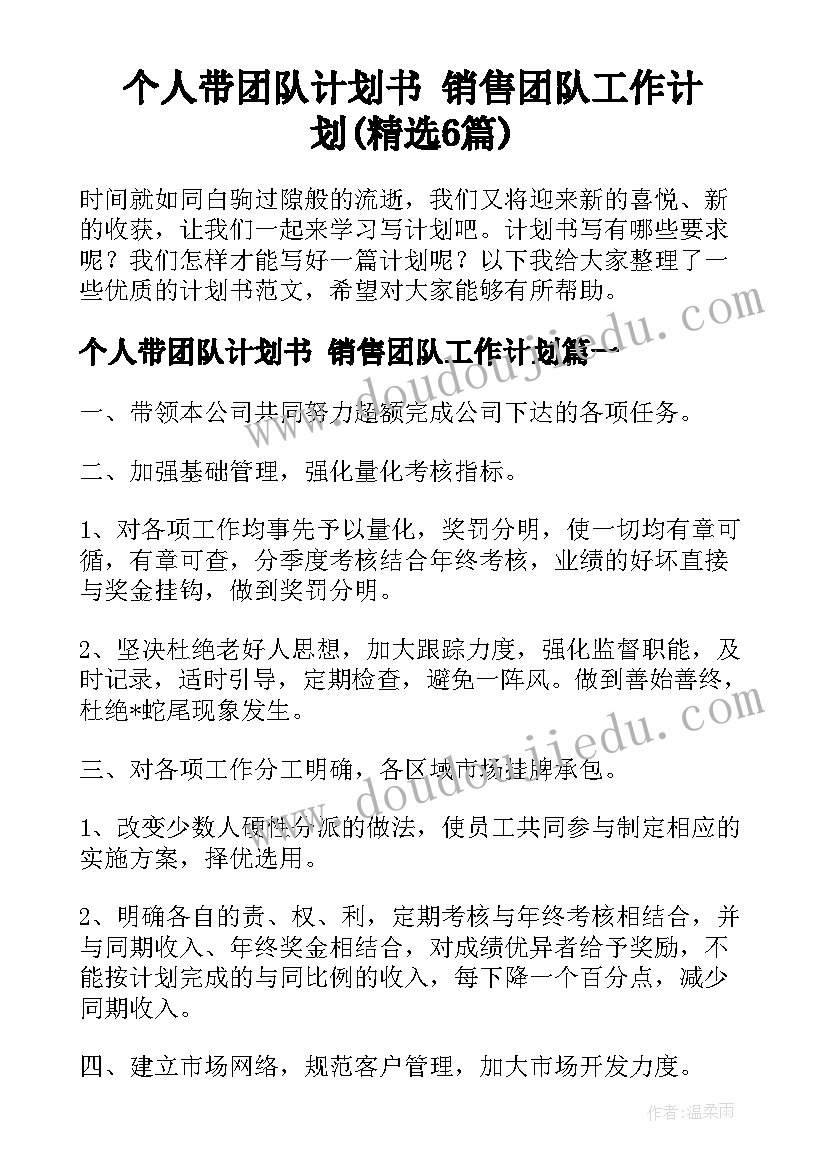 个人带团队计划书 销售团队工作计划(精选6篇)