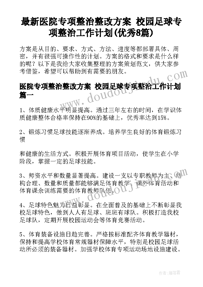 最新医院专项整治整改方案 校园足球专项整治工作计划(优秀8篇)