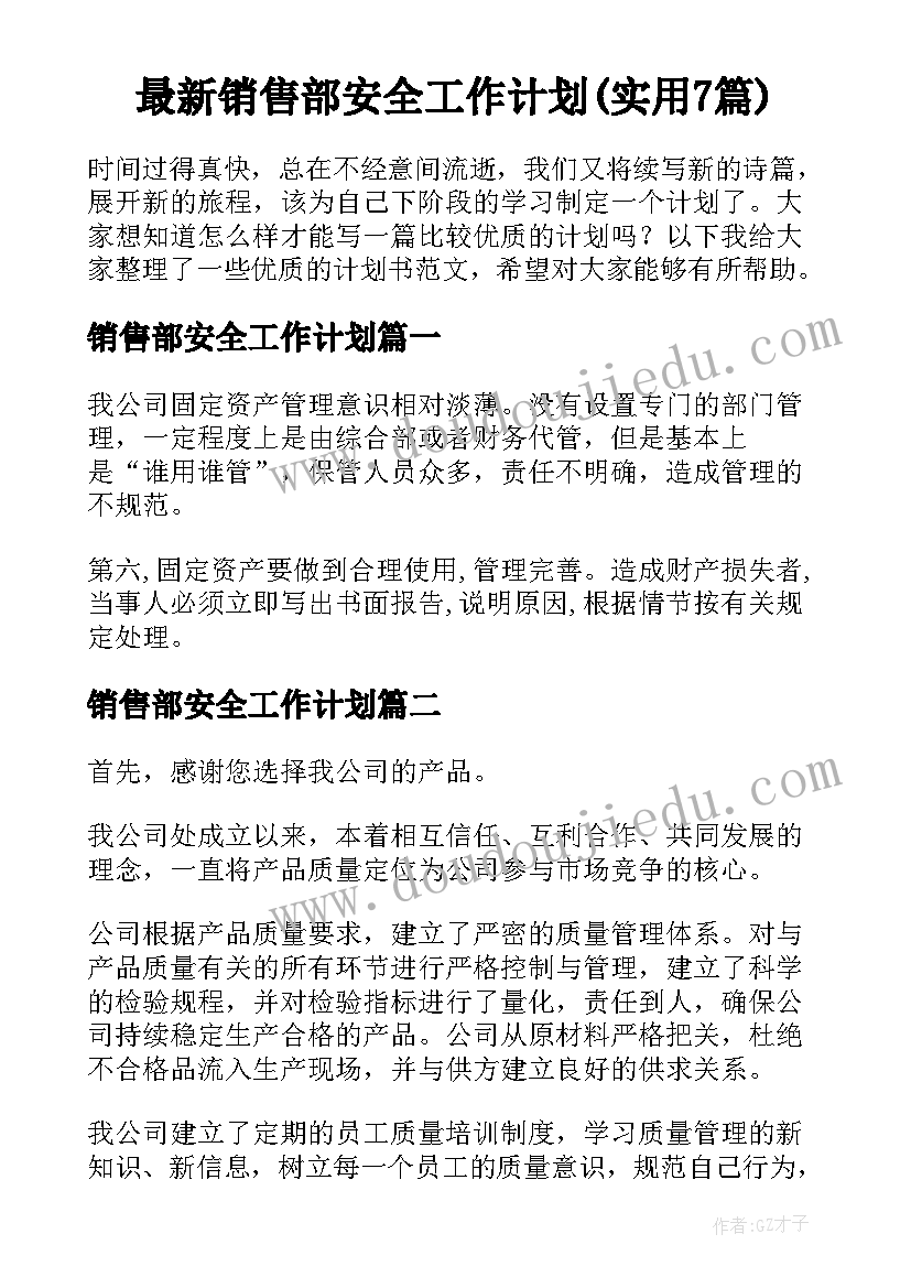 最新销售部安全工作计划(实用7篇)