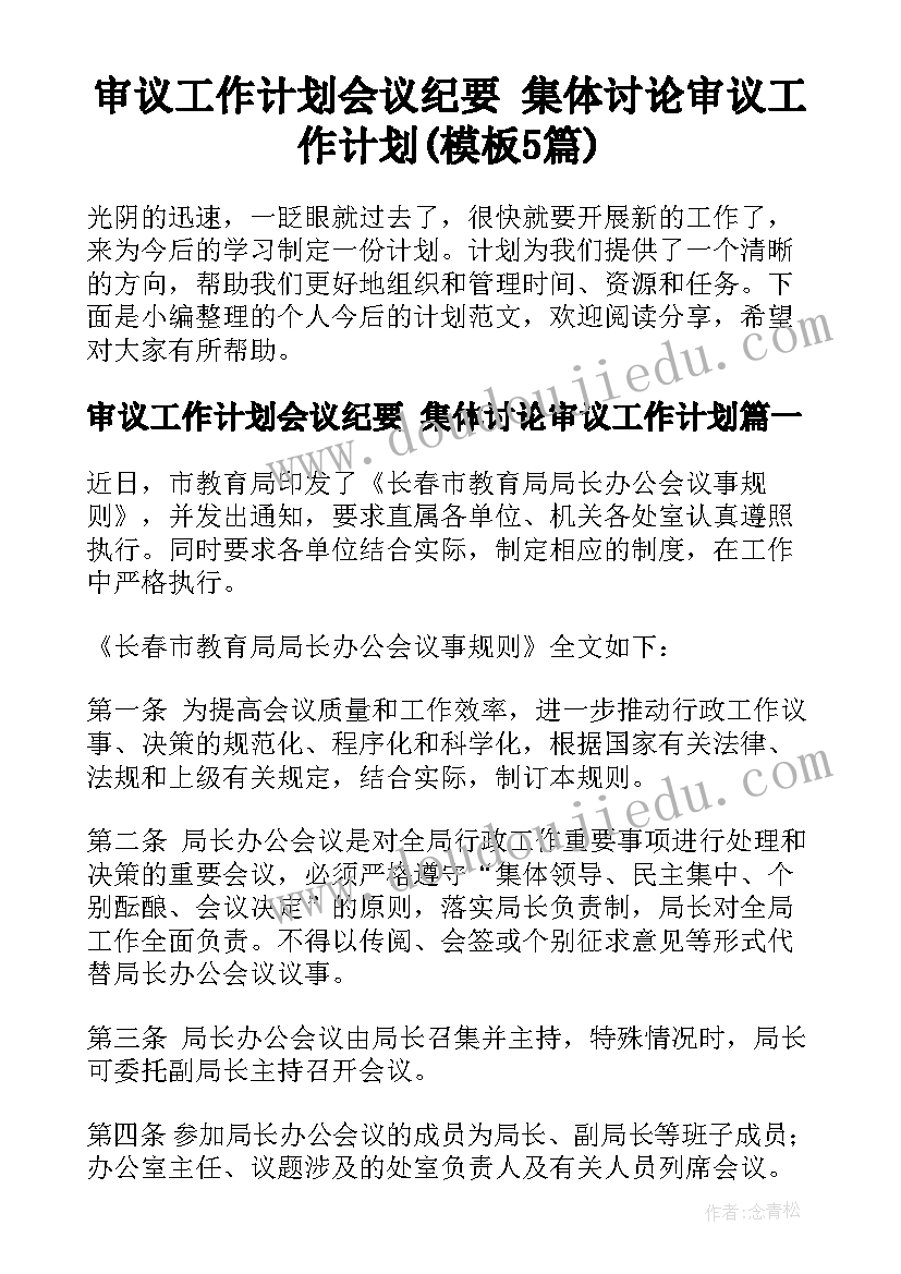 审议工作计划会议纪要 集体讨论审议工作计划(模板5篇)