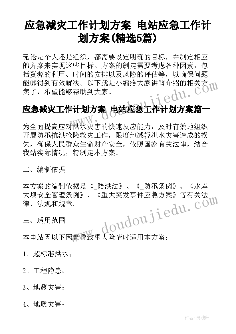 应急减灾工作计划方案 电站应急工作计划方案(精选5篇)