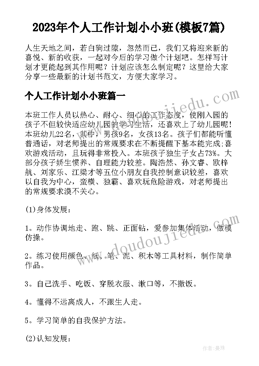 2023年个人工作计划小小班(模板7篇)