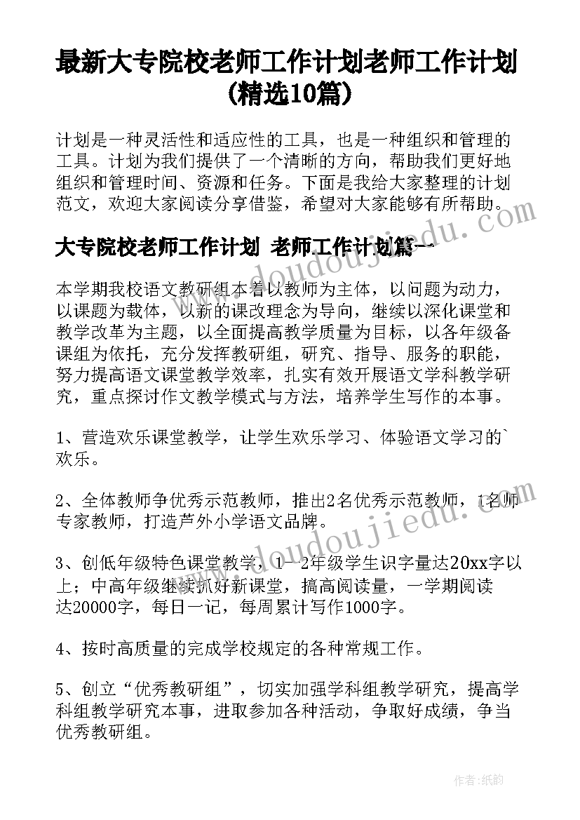 最新大专院校老师工作计划 老师工作计划(精选10篇)