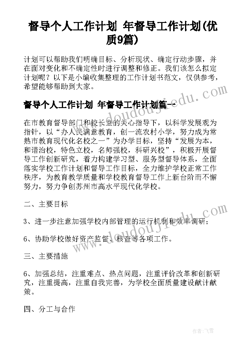 督导个人工作计划 年督导工作计划(优质9篇)