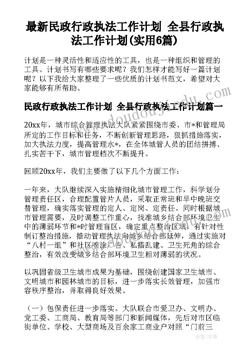 最新民政行政执法工作计划 全县行政执法工作计划(实用6篇)