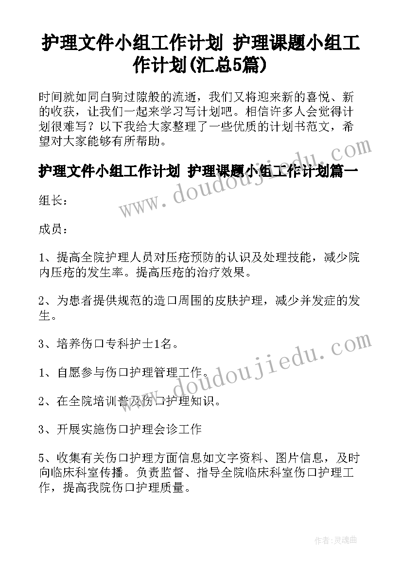 护理文件小组工作计划 护理课题小组工作计划(汇总5篇)