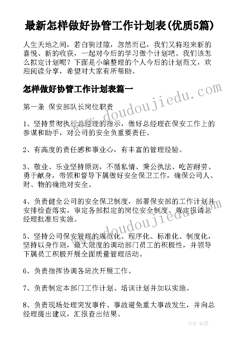 最新怎样做好协管工作计划表(优质5篇)