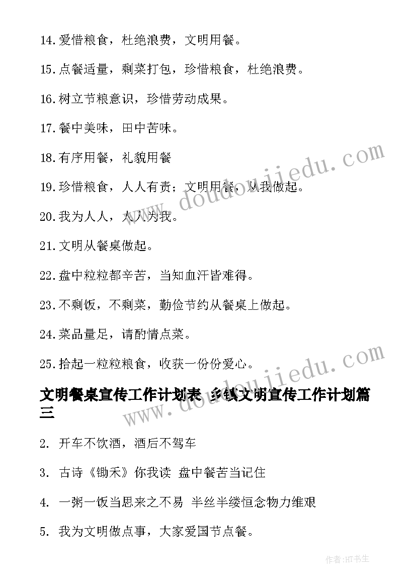 文明餐桌宣传工作计划表 乡镇文明宣传工作计划(汇总5篇)