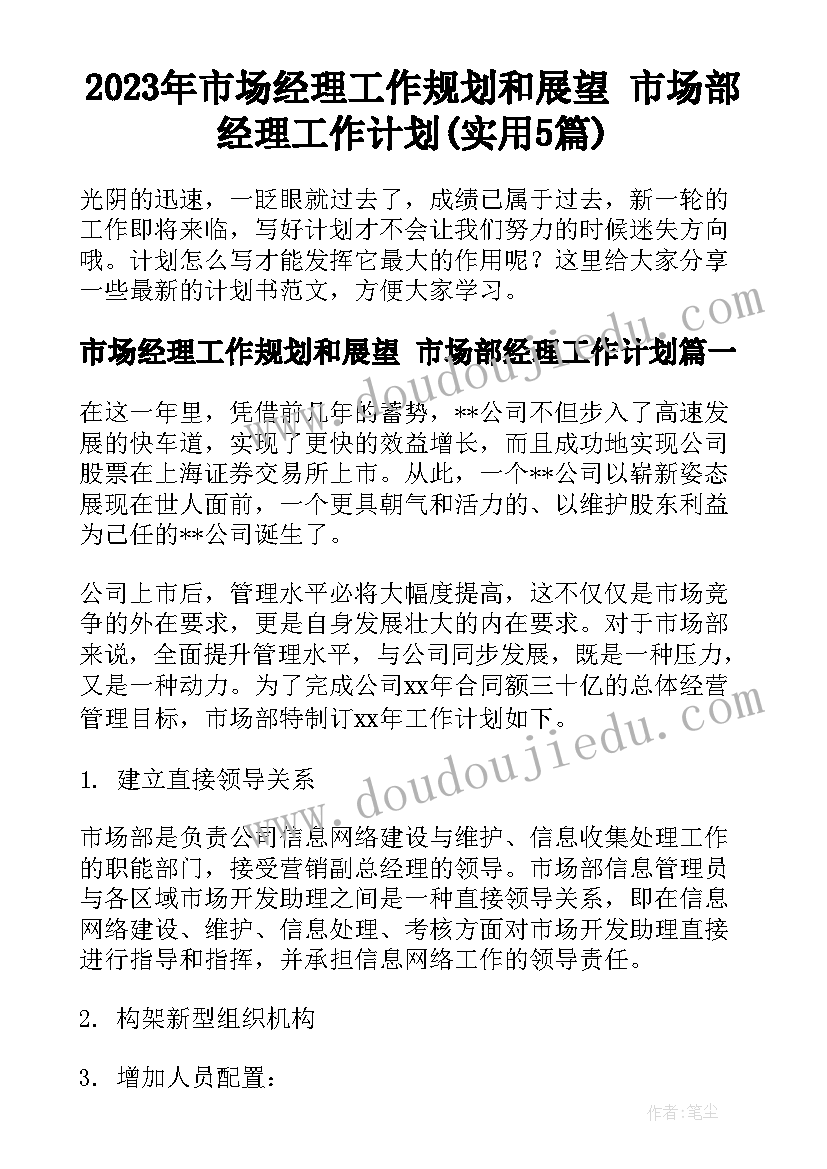 2023年市场经理工作规划和展望 市场部经理工作计划(实用5篇)