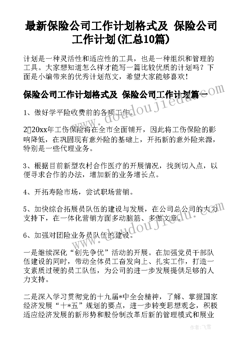 最新保险公司工作计划格式及 保险公司工作计划(汇总10篇)