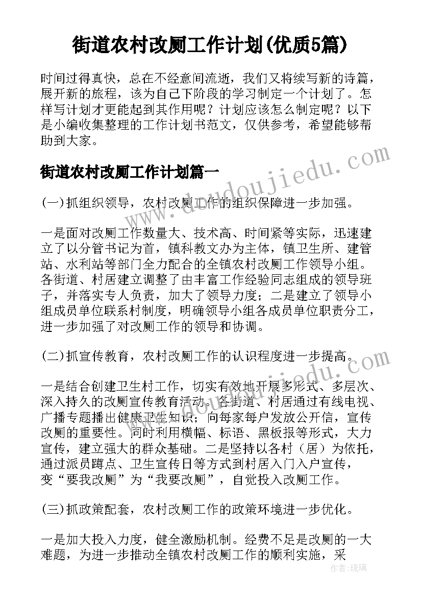 街道农村改厕工作计划(优质5篇)