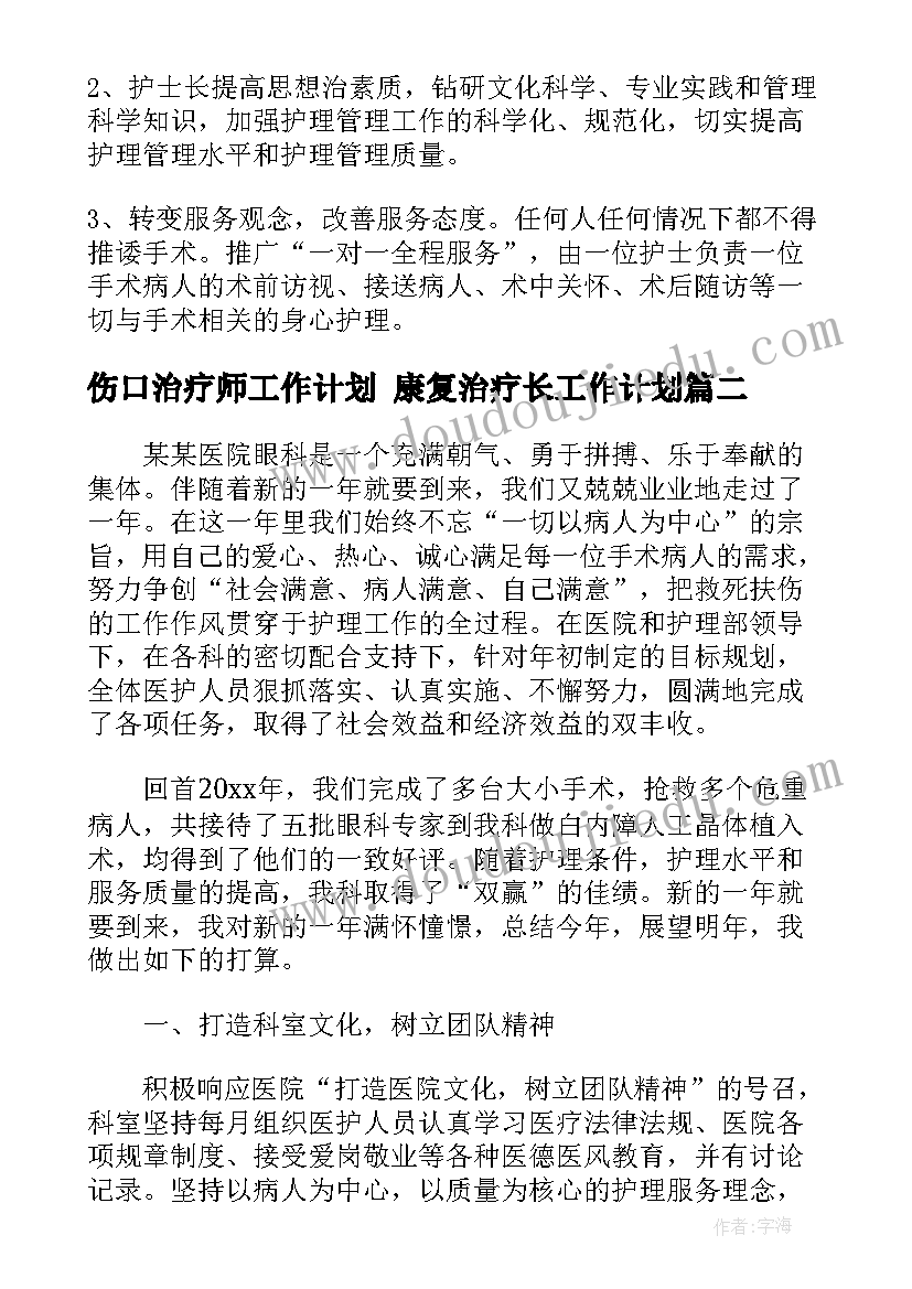 最新伤口治疗师工作计划 康复治疗长工作计划(精选5篇)