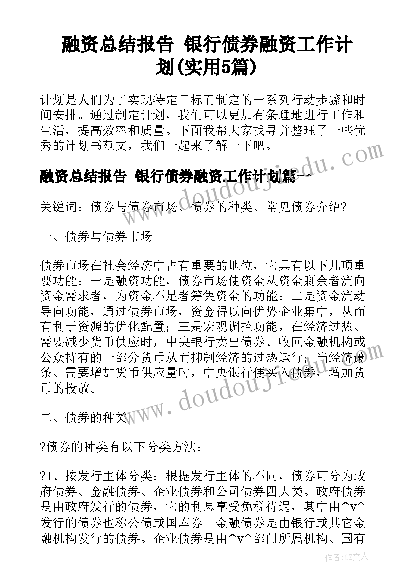 融资总结报告 银行债券融资工作计划(实用5篇)