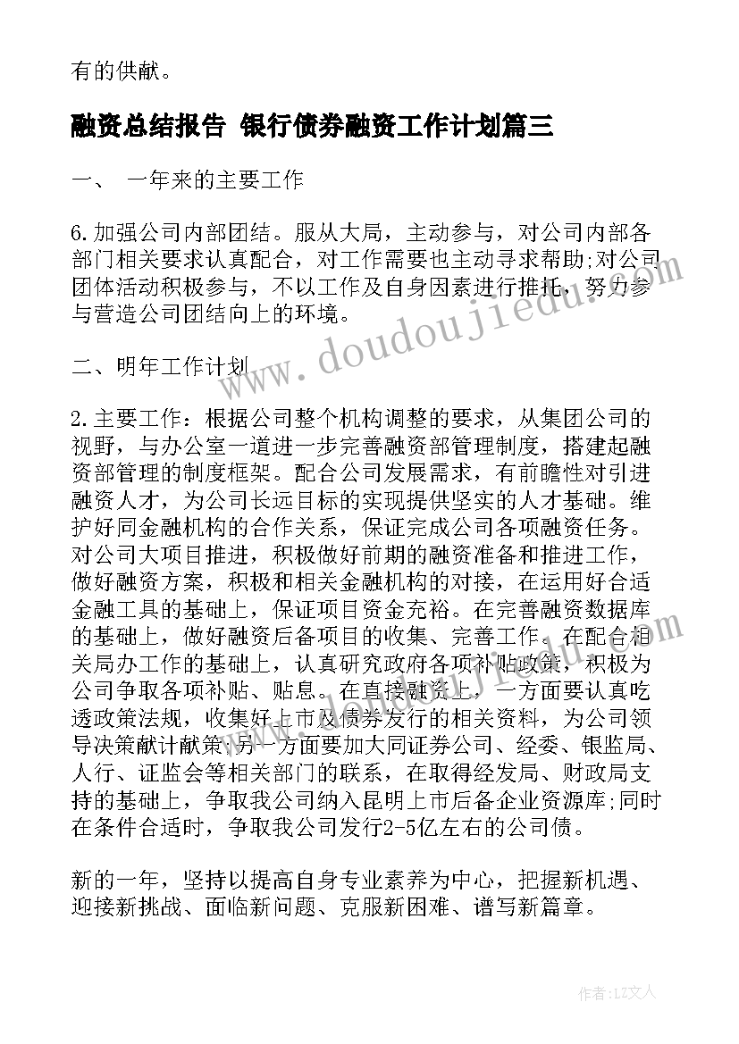 融资总结报告 银行债券融资工作计划(实用5篇)