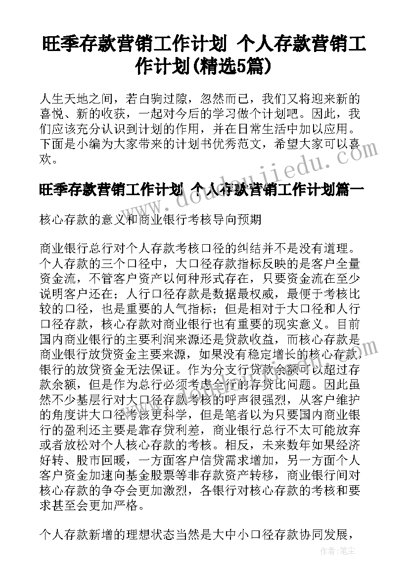 旺季存款营销工作计划 个人存款营销工作计划(精选5篇)