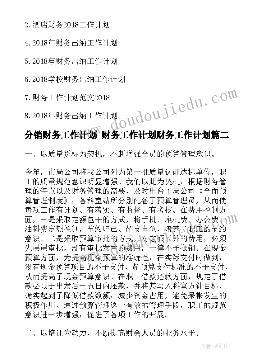 最新分销财务工作计划 财务工作计划财务工作计划(模板9篇)