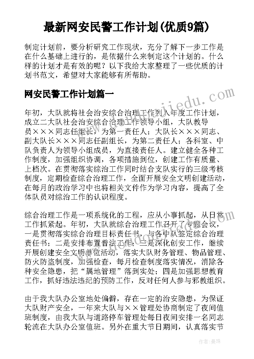 最新网安民警工作计划(优质9篇)