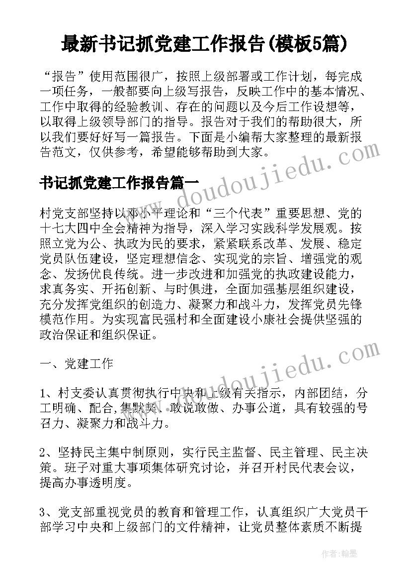 最新书记抓党建工作报告(模板5篇)