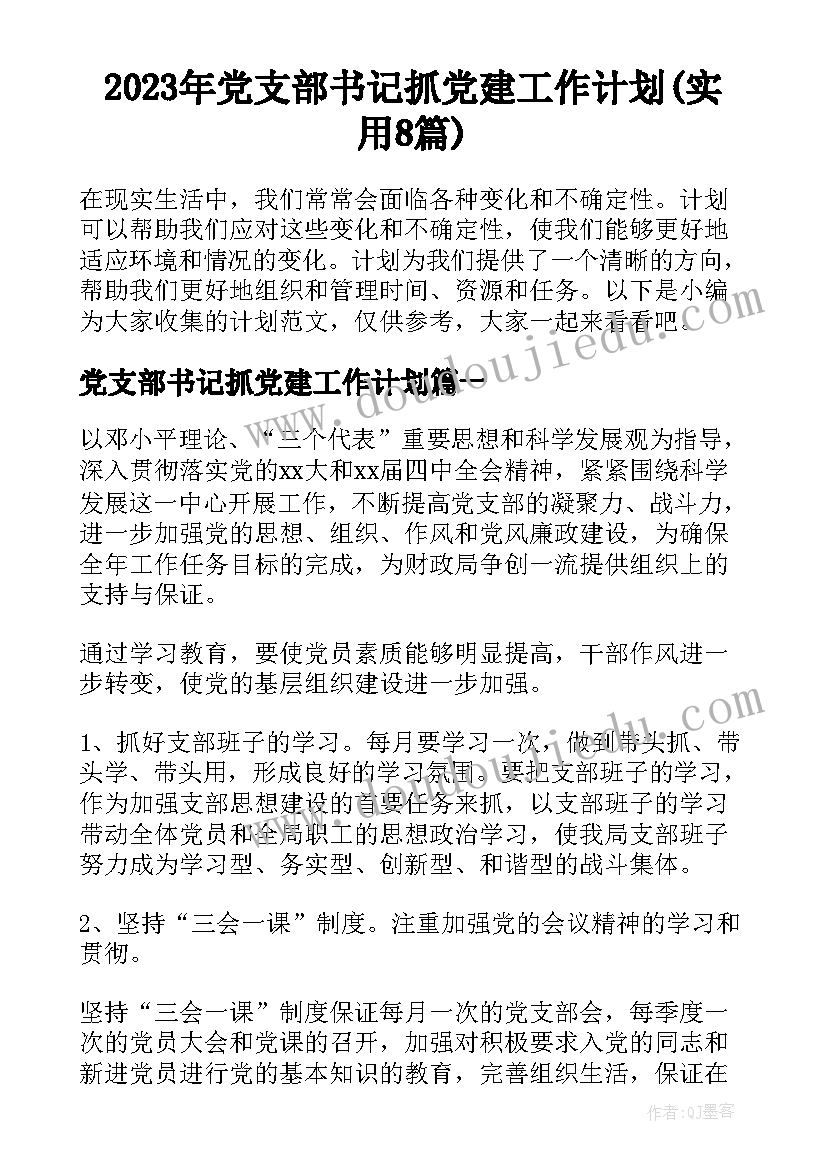 2023年党支部书记抓党建工作计划(实用8篇)