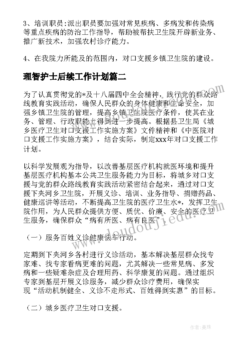 最新理智护士后续工作计划(模板5篇)