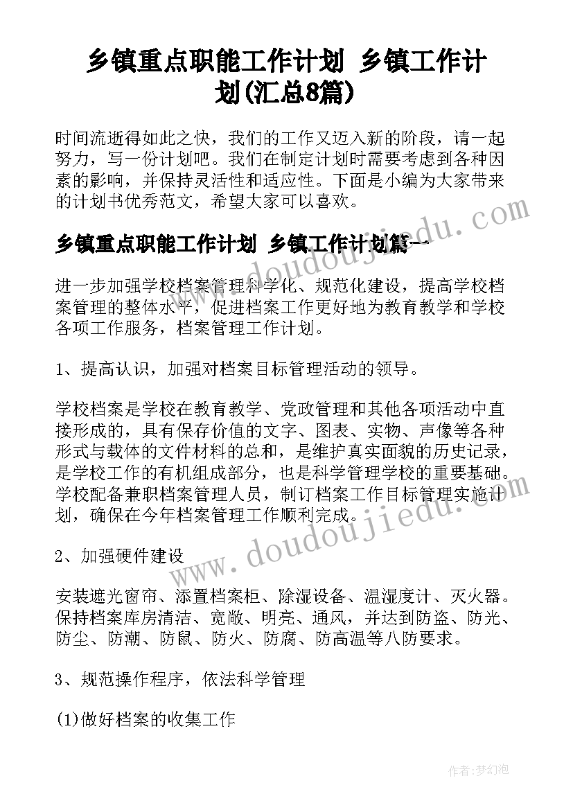 乡镇重点职能工作计划 乡镇工作计划(汇总8篇)