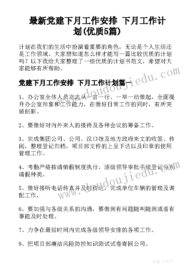 最新党建下月工作安排 下月工作计划(优质5篇)