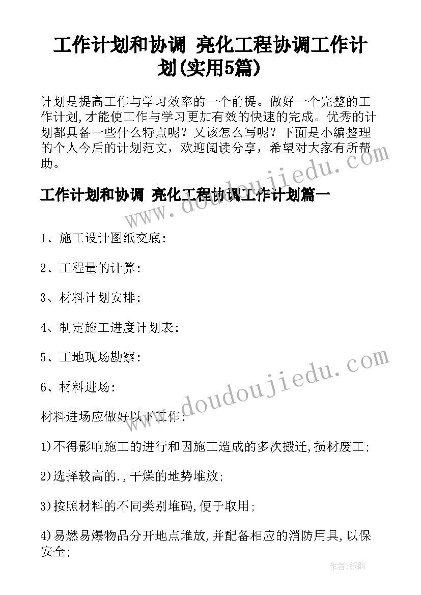 工作计划和协调 亮化工程协调工作计划(实用5篇)